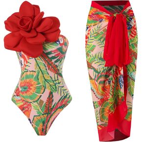 Women Floral One Piece Swimsuit with Bikini Wrap Skirt 2 Piece Beach Cover Ups Bathing Suit Set Sexy Swimwear