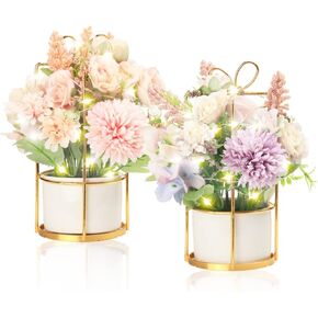 BEGONDIS Set of 2 LED Artificial Flowers Potted Fake White Flowers Hanging Potted Plants for Home Living Room Office Party Decor Decoration