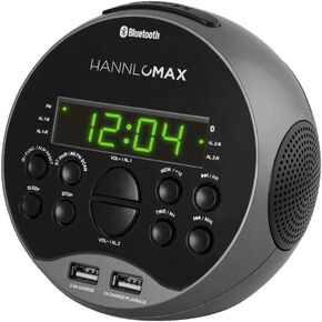 هانلوماكس HX-129CR راديو بساعة منبه. راديو PLL FM، شاشة LED خضراء مقاس 0.6 بوصة، بلوتوث، منافذ USB لشحن 2.4 أمبير و1 أمبير/تشغيل MP3 (أزرق)