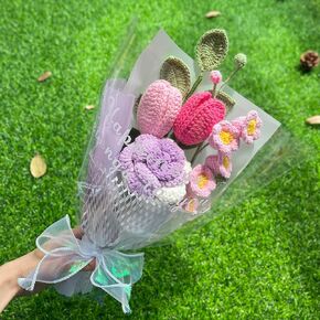 JOMODECOR Handmade Crochet Rose Tulip Bouquet, Knitted Artificial Forever Flowers with Exquisite Wrap, Gift to Girlfriend Mom Women, Perfect for Mother's Day, Valentines, Home Decor, Celebration
