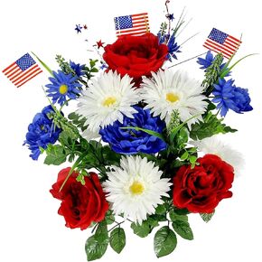 Admired By Nature 18 Stems Artificial Blooming Peony, Gerbera Daisy with Small American Flags, Fillers Mixed Flowers Bush for Memorial Day, Red/Blue/White