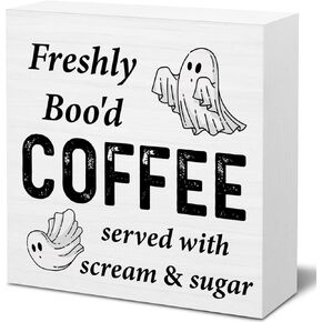 Halloween Coffee Decor Ghost Coffee Wood Block Sign Halloween Coffee Wooden Box Sign Decoration for Home Kitchen Coffee Station Table Desk Shelf