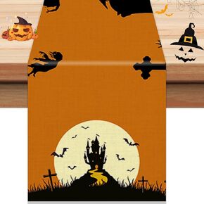 Halloween Decorataion Table Runner,72x13 inch Spooky Witch Tree Crows Pumkin Haunted House Table Cloth Halloween Table Cover for Holiday Home Kitchen Dining Room Indoor Outdoor Party Supply