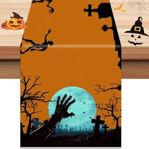 Halloween Decorataion Table Runner,72x13 inch Spooky Witch Tree Crows Pumkin Haunted House Table Cloth Halloween Table Cover for Holiday Home Kitchen Dining Room Indoor Outdoor Party Supply