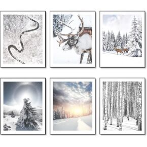 HoozGee Winter Wall Art Prints Set of 6 Canvas Print Artwork Winter Sun Poster Ice Lake Snow Forest Frost Deer Pictures Photography Photo Bedroom Art Wall Decor (8"x10" UNFRAMED, Winter Art)