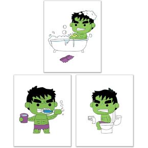 Hulk Bathroom Photos- Set of 3 (8 inches x 10 inches) Poster Prints