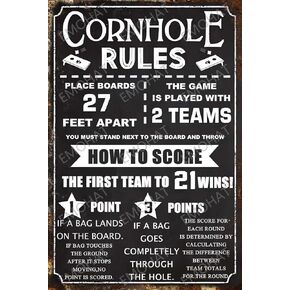 EMOHAT Tin Sign Wall Decoration Cornhole Rules Score Family Games Points Iron Poster Living Room Bedroom Man Cave Garage Wall Art Tin Painting Metal Plate Aluminium Decor 8x12inch