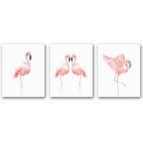HPNIUB Nordic Flamingo Wall Art Prints Set Of 3 (8"X10"Canvas Watercolor Animals Painting Modern Wall Decor For Nursery Cafe, No Frame