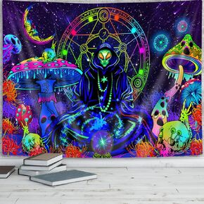 JAWO Blacklight Trippy Tapestry, Alien Mushroom Astrology Moon Tapestry for Bedroom, UV Tapestry Wall Hanging for Bedroom Living Room Outdoor 60x40inches