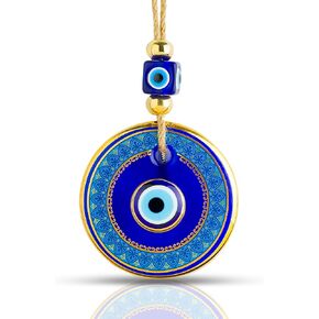 BCS Blue Evil Eye Wall Decor Gold Border Design 4.3" Glass Evil Eye Hanging Ornament for Home, Garden, Door, Office Turkish Greek Handmade Nazar Amulet Good Luck and Protection Charm - Ojo Turco