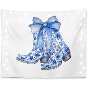 LiTiu Trendy Coquette Wall Decor, Blue Bow CowGirl Boots Preppy Room Decor Tapestry Wall Hanging for Girls Bedroom Dorm, 50x60 in(Unframed)