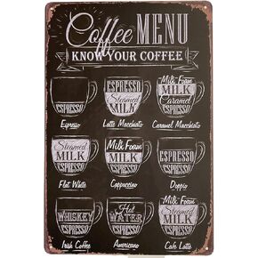 Tin Metal Wall Sign | Coffee Lover Bar Menu with Coffee Recipes 8 x 12 | Fun Decorative Poster for Home Bar Room Garage Kitchen Decor | Retro Vintage Design