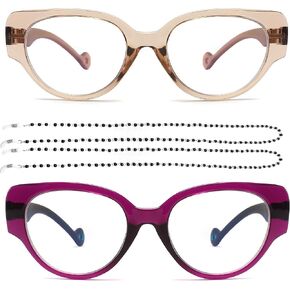 touk TR90 Cute Blue Light Blocking Reading Glasses Women, Stylish Large Cat Eye Readers with Fashion Eyeglasses Chain 2 Pack