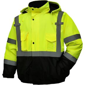 safety jacket for men, Reflective high Visibility Hooded jacket, Hi-Vis Bomber Jacket with Pockets and Zipper, waterproof, Black Bottom, ANSI/ISEA 107-2020 Type R Class 3,Lime