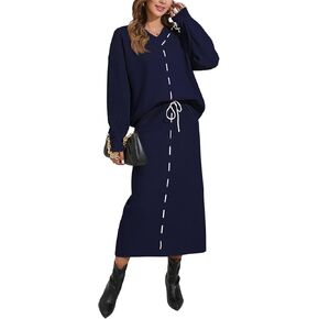 Pink Queen 2024 Women's 2 Piece Sweater Set V Neck Rib Knit Long Sleeve Maxi Bodycon Skirt Casual Outfits