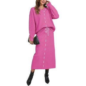 Pink Queen 2024 Women's 2 Piece Sweater Set V Neck Rib Knit Long Sleeve Maxi Bodycon Skirt Casual Outfits