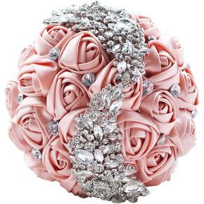 S-SSOY Hand Made Crystal Diamond Pearl Rhinestone Silk Roses Bridesmaid Bridal Artificial Bouquets Customization Bride Holding Flower Wedding Bouquet, D445 Rose Gold