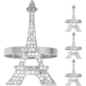 Amosfun 4 pcs Napkin Rings Napkin Holder Set Metal Eiffel Tower Artificial Crystal Serviette Buckles French Party Table Decoration