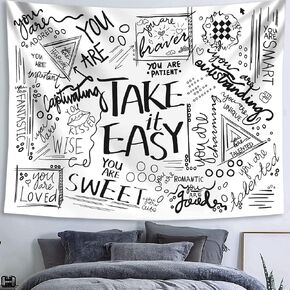 Fowocu Quote Take It Easy Tapestry Wall Hanging, Positive Letters Sayings White You Are Tapestries, Aesthetic Wall Tapestry for Bedroom Dorm Living Room (Black and White, 50'' × 60'')