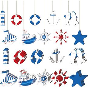 30 Pieces Nautical Party Decorations Wooden Nautical Ornament for Tree Anchor Life Ring Sea Star Sailboat Beach for Coastal Beach Theme Decor Home Tree Craft