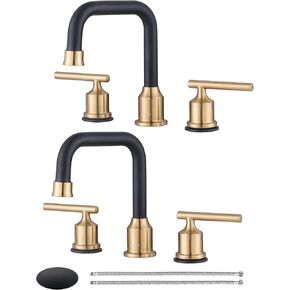 Black and Gold Bathroom Faucet: WOWOW Widespread Bathroom Sink Faucet 3 Hole with Pop-up Drain and Supply Lines, 8 Inch Vanity Faucet 3 Pieces Basin Tap 2 Handle Modern (2 Pack)