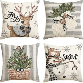 AVOIN colorlife Christmas Snowman Reindeer Gloves Eucalyptus Throw Pillow Covers, 18 x 18 Inch Winter Holiday Stripes Cushion Case Decoration for Sofa Couch Set of 4