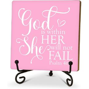 Christian Desk Decor, God Is Within Her She Will Not Fall Sign, Christian Room Decor, Inspirational Gift for Family Friends and Colleagues, Funny Wooden Decor for Home Office Decoration Shelf-A03