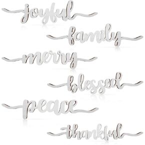 12 Pieces Christmas Thankful Blessed Merry Joyful Peace Family Wood Cutout Rustic Thankful Plate Letter Sign Decor Inspirational Letter Wood Sign for Home Table Plates Table Decorations (Silver White)