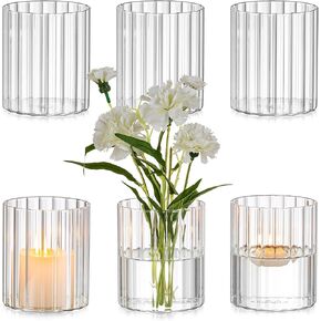 Glasseam Glass Cylinder Vases for Centerpieces: Clear Ribbed Hurricane Vase Set of 6 Modern Floating Candle Vases for Flowers Centerpiece Vases for Table Wedding Vases for Living Room Decorations