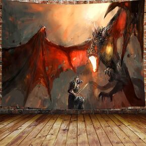 Dragon Tapestry, Fantasy World Animals Tapestry Wall Hanging for Bedroom, Magical Medieval Malicious Red Dragon Flame and Human War Tapestry Home Decor 71X60 Inches