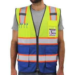 Dib Safety Reflective Mesh Vest High Visibility Two Tone with Pockets and Zipper, Blue Mesh with Yellow Trim XL