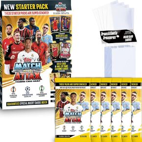 Topps Match Attax 2024-2025 Soccer Cards Starter Pack + 6 Extra Packs + 100 Card Protector Sleeves, 99 Cards - 2 Exclusive Limited Edition Cards + Premium Mega Binder
