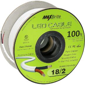 كابل LED منخفض الجهد 18AWG بطول 50 قدمًا، 2 موصل، غلاف أبيض، سلك مكبر صوت داخل الحائط، فئة UL 2