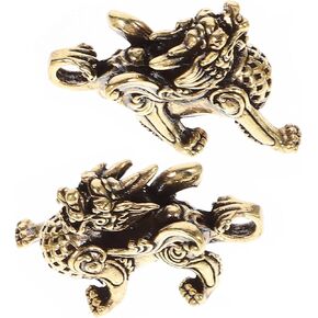 Golden Kylin Figurines - 2pcs Brass Chi Lin Sculpture - Small Feng Shui Statue for Office and Home Decoration - Attracts Wealth and Prosperity - Charming for Good Luck - Not a