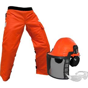 Forester Protective Clothing - OEM Forestry Cutter Combo Kit Apron Chaps Helmet Face Shield Ear Muffs Safety Glasses Arborist Equipment Chainsaw Pants Logging Tools Helmet Accessories Orange