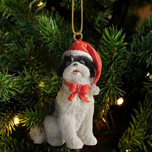Dog Figurine Christmas Ornaments with Santa Hats (BLK/WH Shih Tzu) in Saudi Arabia