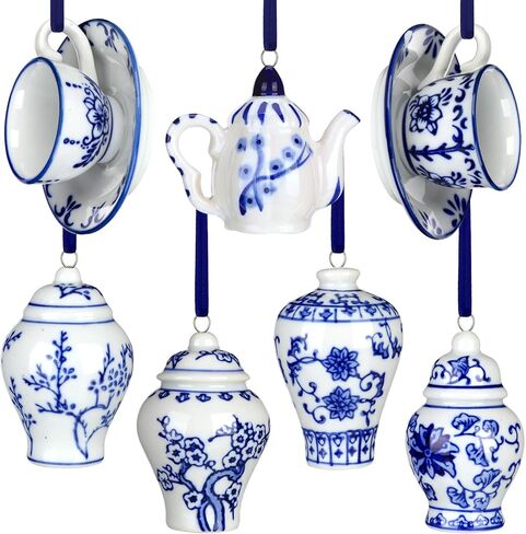 Soaoo 7 Pcs Chinoiserie Porcelain Hanging Ornaments Christmas Mini Ginger Jar Ornaments Blue and White Porcelain Decor Ceramic Home Decor Christmas Hanging Pendant for Xmas Party Tree Decoration in Saudi Arabia