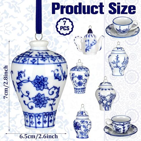 Soaoo 7 Pcs Chinoiserie Porcelain Hanging Ornaments Christmas Mini Ginger Jar Ornaments Blue and White Porcelain Decor Ceramic Home Decor Christmas Hanging Pendant for Xmas Party Tree Decoration in Saudi Arabia
