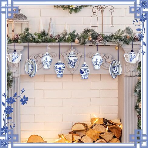 Soaoo 7 Pcs Chinoiserie Porcelain Hanging Ornaments Christmas Mini Ginger Jar Ornaments Blue and White Porcelain Decor Ceramic Home Decor Christmas Hanging Pendant for Xmas Party Tree Decoration in Saudi Arabia