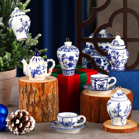 Soaoo 7 Pcs Chinoiserie Porcelain Hanging Ornaments Christmas Mini Ginger Jar Ornaments Blue and White Porcelain Decor Ceramic Home Decor Christmas Hanging Pendant for Xmas Party Tree Decoration in Saudi Arabia