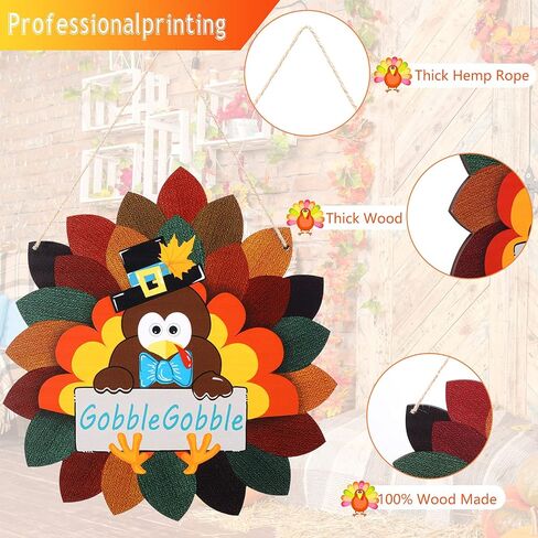 Jetec Fall Thanksgiving Turkey Door Sign Thanksgiving Day Wood Door Hanger Fall Wooden Thankful Wreath Hanging Decoration for Outdoor Outside Porch in Saudi Arabia