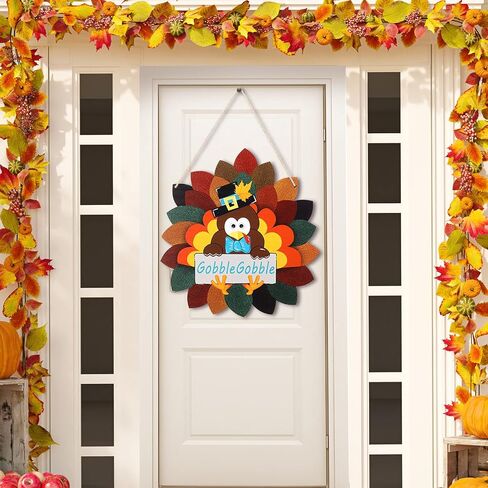 Jetec Fall Thanksgiving Turkey Door Sign Thanksgiving Day Wood Door Hanger Fall Wooden Thankful Wreath Hanging Decoration for Outdoor Outside Porch in Saudi Arabia