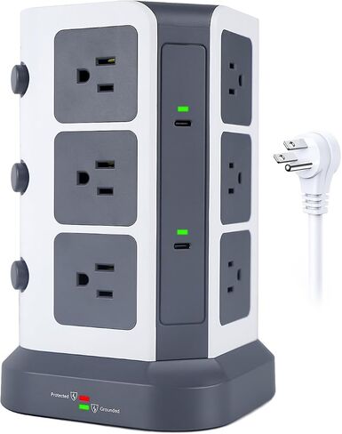 KOOSLA [65W] واقي عرام برج قطاع الطاقة PD، محطة شحن سطح المكتب USB C مع 12 منفذ تيار متردد متباعدة على نطاق واسع / 2 منافذ USB-C / 3 منافذ USB-A، سلك تمديد عالي التحمل بطول 6.5 قدم للمنزل والمكتب والنوم... in Kuwait