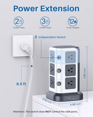 KOOSLA [65W] واقي عرام برج قطاع الطاقة PD، محطة شحن سطح المكتب USB C مع 12 منفذ تيار متردد متباعدة على نطاق واسع / 2 منافذ USB-C / 3 منافذ USB-A، سلك تمديد عالي التحمل بطول 6.5 قدم للمنزل والمكتب والنوم... in Kuwait