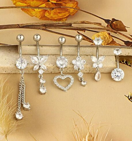 TIANCI FBYJS Surgical Stainless Steel Gold Belly Button Ring for Women 14G Dangle Navel Piercing Jewelry with Heart Flower Butterfly heart Flower Cute Dangling Curved Belly Rings (gold color) in Saudi Arabia