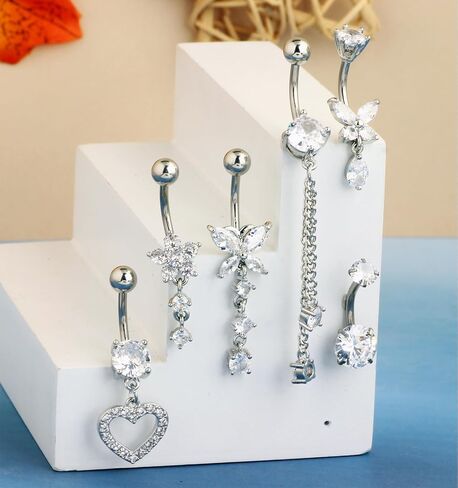 TIANCI FBYJS Surgical Stainless Steel Gold Belly Button Ring for Women 14G Dangle Navel Piercing Jewelry with Heart Flower Butterfly heart Flower Cute Dangling Curved Belly Rings (gold color) in Saudi Arabia