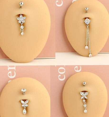TIANCI FBYJS Surgical Stainless Steel Gold Belly Button Ring for Women 14G Dangle Navel Piercing Jewelry with Heart Flower Butterfly heart Flower Cute Dangling Curved Belly Rings (gold color) in Saudi Arabia