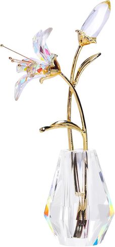 Crystal Lily Flower Decor Figurine with Vase，Handmade Sunshine catcher, home decor ornament，Suitable for bedroom and living room decoration（blue-with gift box） in Saudi Arabia