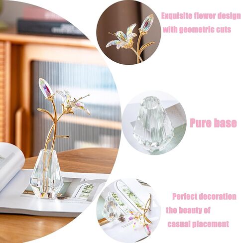 Crystal Lily Flower Decor Figurine with Vase，Handmade Sunshine catcher, home decor ornament，Suitable for bedroom and living room decoration（blue-with gift box） in Saudi Arabia