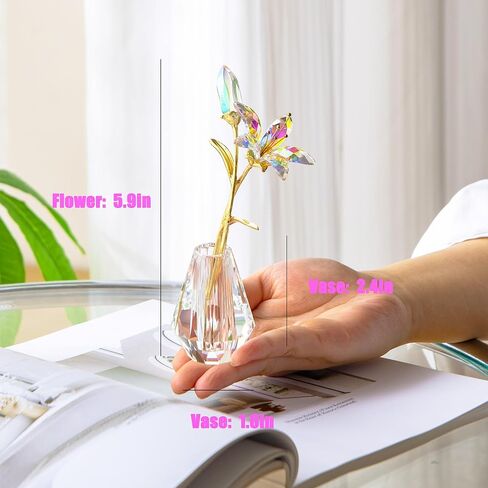 Crystal Lily Flower Decor Figurine with Vase，Handmade Sunshine catcher, home decor ornament，Suitable for bedroom and living room decoration（blue-with gift box） in Saudi Arabia